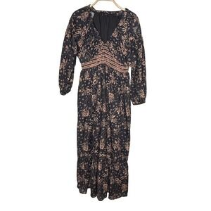 Womens Midi Dress Black Floral Smocked Waist Long Sleeve Boho Style Size M